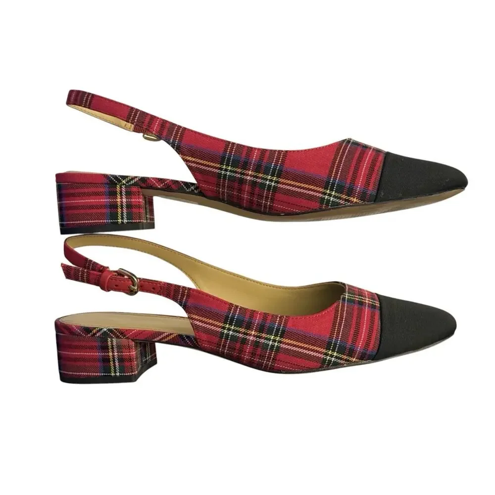 J.Crew Tartan Cap Toe Holiday Low-Heel Slingback Flat Red Black Plaid 8.5 M